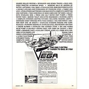 1971 Vega Sailboat Sailing Yacht Vintage Print Ad Cutaway Drawing 70s Wall Art
